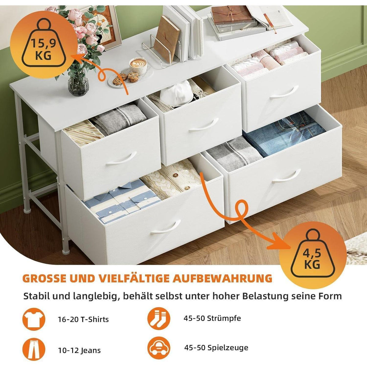 Somdot Stoffkommode mit 5 Schubladen, Weiß