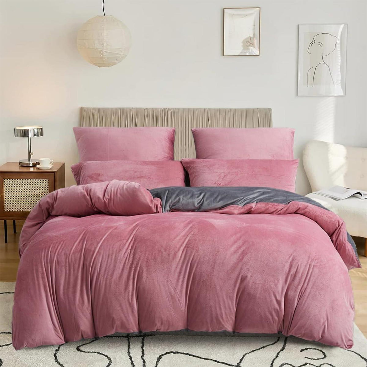 Winter Bettwäsche Fleece 220x240 Rosa Grau Kuschelig