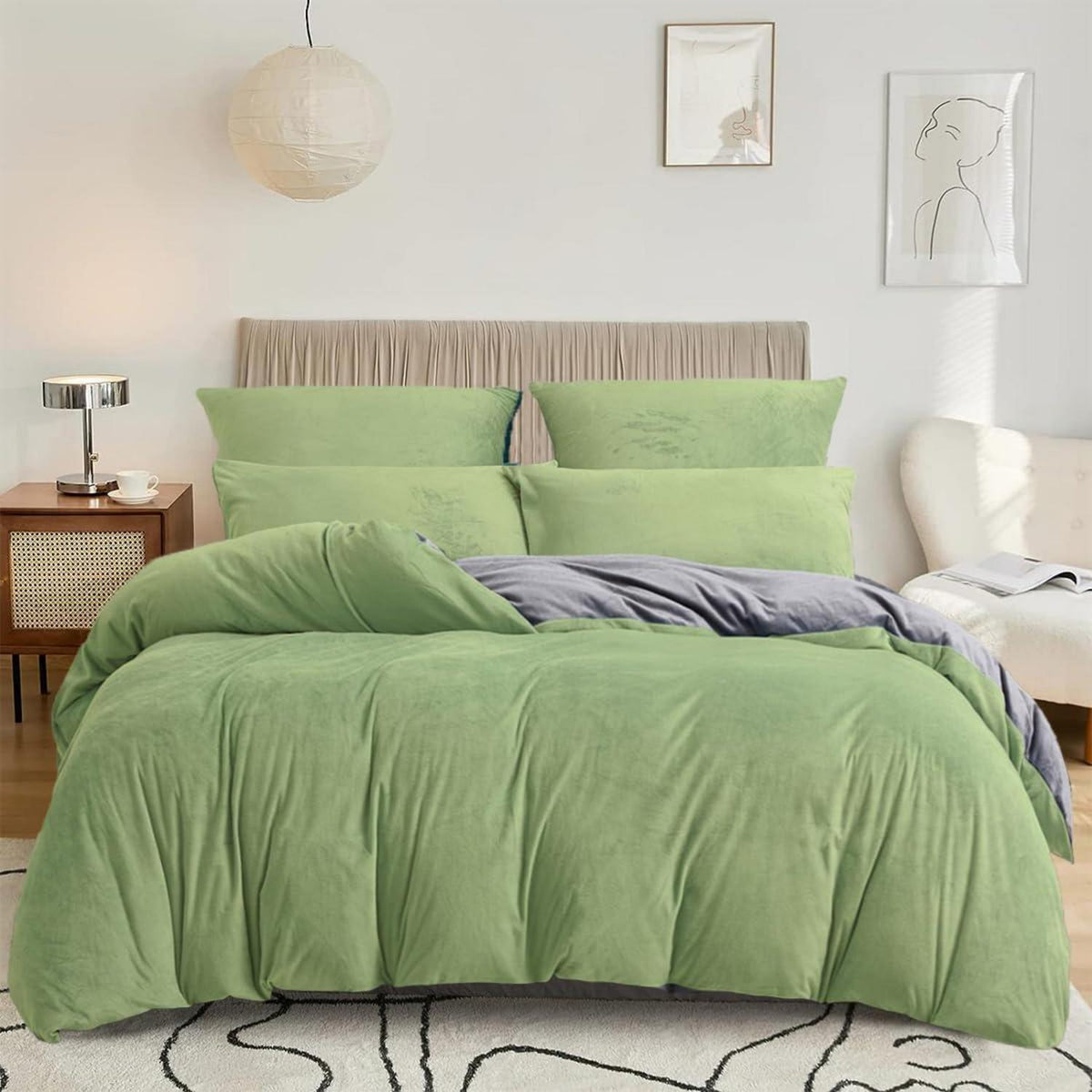 Flauschige Bettwäsche-Set 135x200 cm – Grün, Grau, Hellgrün
