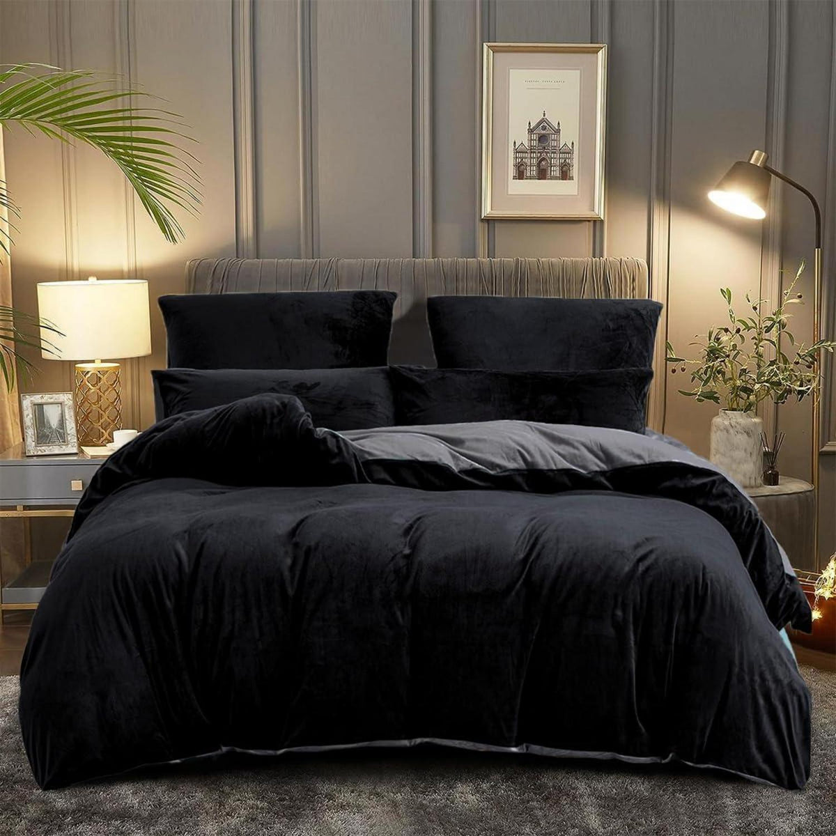 Winter Bettwäsche 220x240 Schwarz Grau Flauschig & Warm 3-teilig