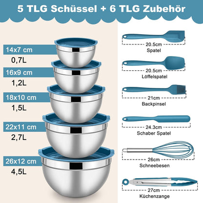 Edelstahl Salatschüssel Set 5-teilig, Stapelbar, Luftdichte