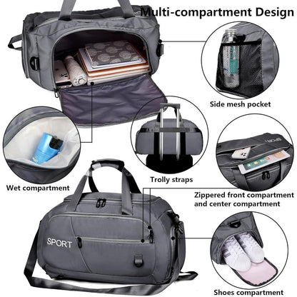 Sporttasche 40L mit Rucksackfunktion und Schuhfach Grau