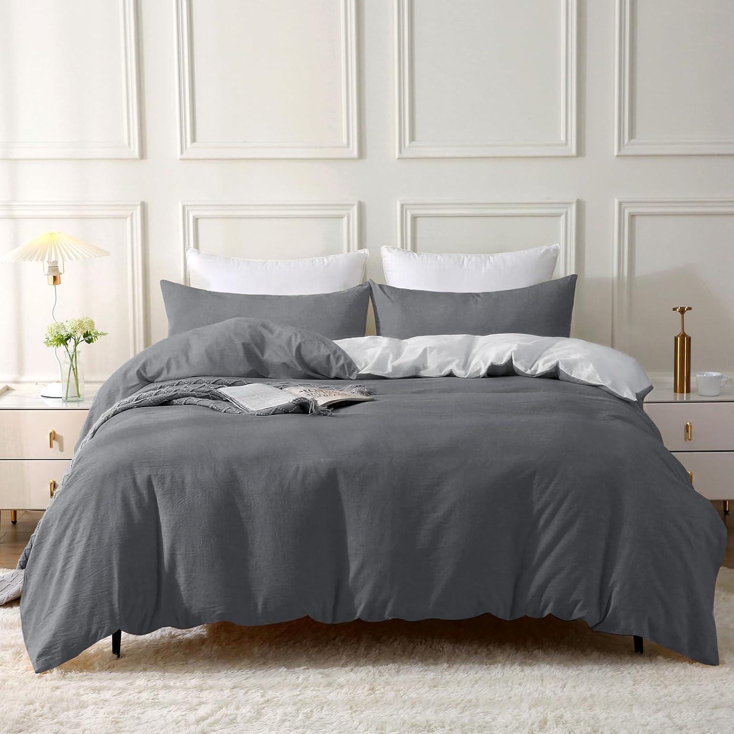 SOULFUL Bettwäsche Baumwolle Set Dunkelgrau Stone Washed-Look