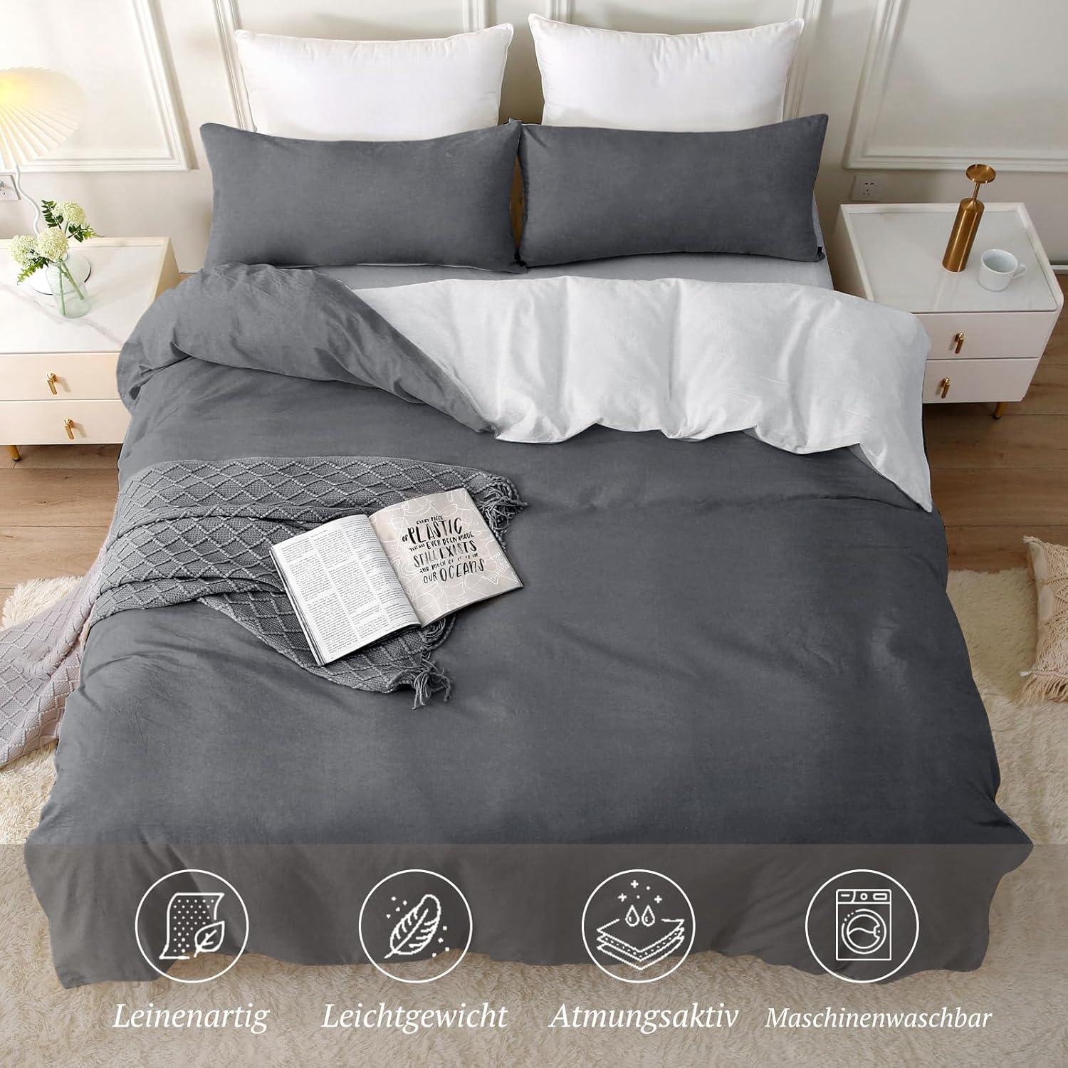 SOULFUL Bettwäsche Set 220x240 Baumwolle 3-teilig Dunkelgrau2 Stone Washed-Look