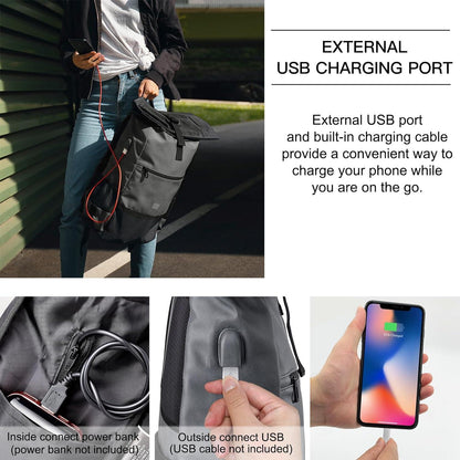 Rolltop Laptop Rucksack mit USB Ladeanschluss - Wasserabweisend