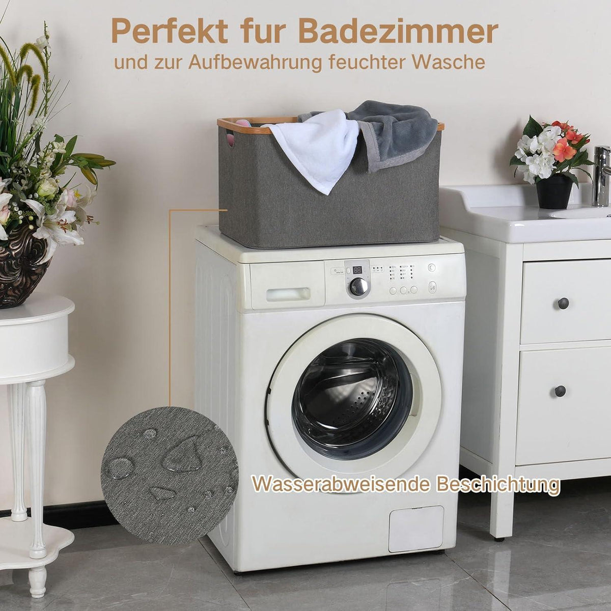 Faltbarer Wäschekorb 60L Bambus Stoff Grau- Aufbewahrung Klappbar Laundry Basket