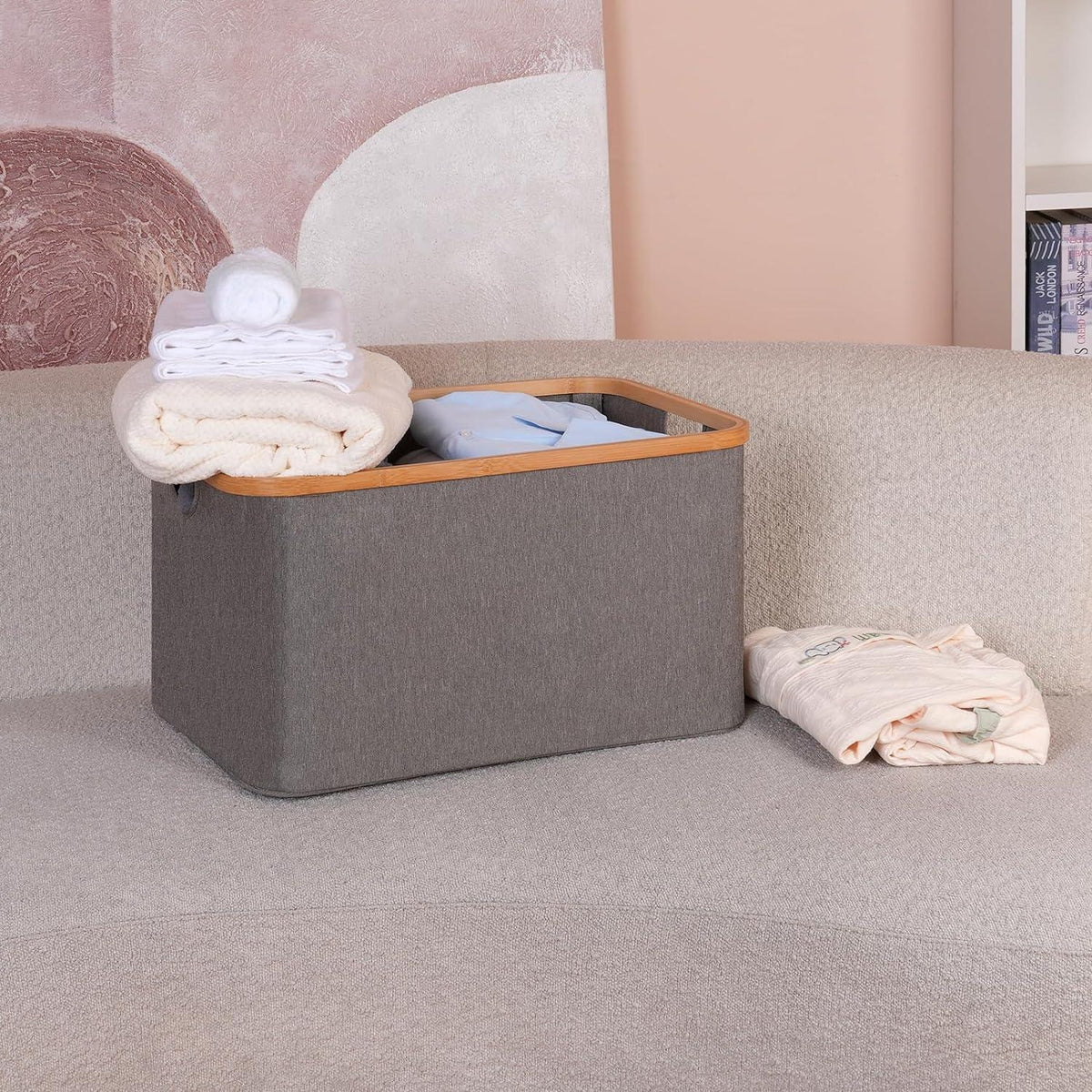Faltbarer Wäschekorb 60L Bambus Stoff Grau- Aufbewahrung Klappbar Laundry Basket
