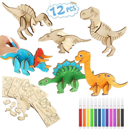 24-teiliges Dinosaurier Holz Bastelset für Kinder - DIY 3D Puzzle