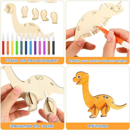 Dinosaurier Holz Bastelset für Kinder 24 Stück 3D Puzzle Bemalen und Basteln DIY Dino Holzbastelsets Kreative Kinderspielzeug