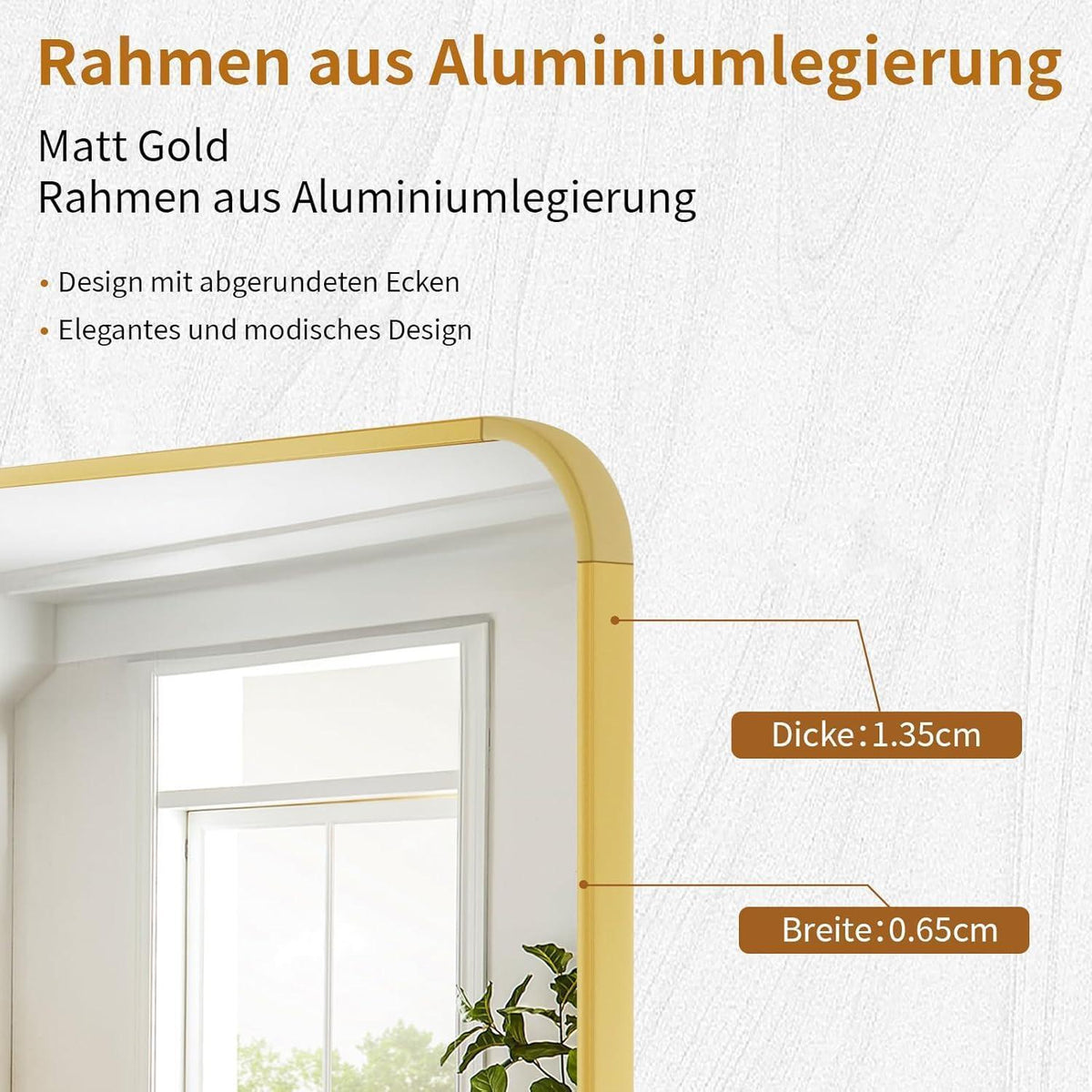 Standspiegel Ganzkörper Gold 150x40 cm – Abgerundete Ecken