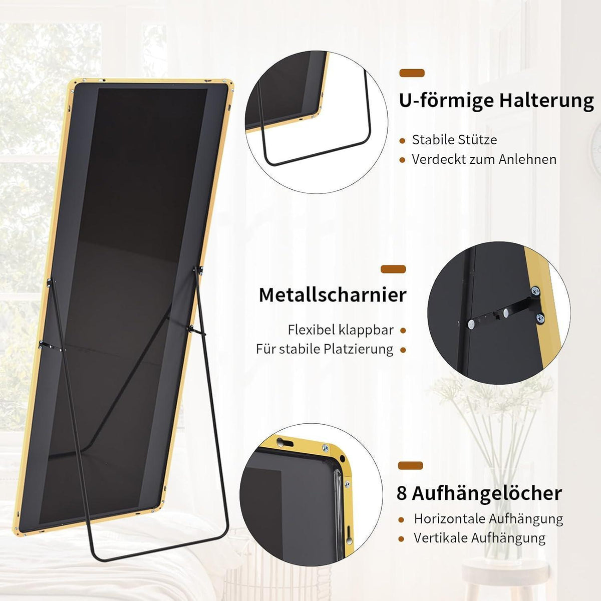 Standspiegel Ganzkörper Gold 150x40 cm – Abgerundete Ecken