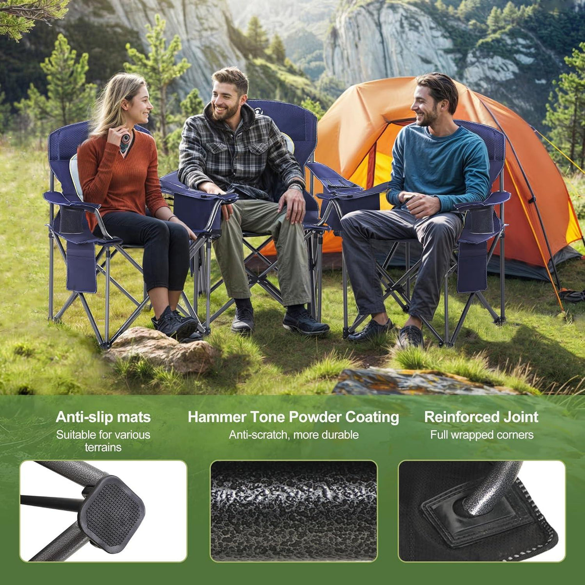 Übergroßer Campingstuhl Kühltasche Getränkehalter Navy Blau 200kg
