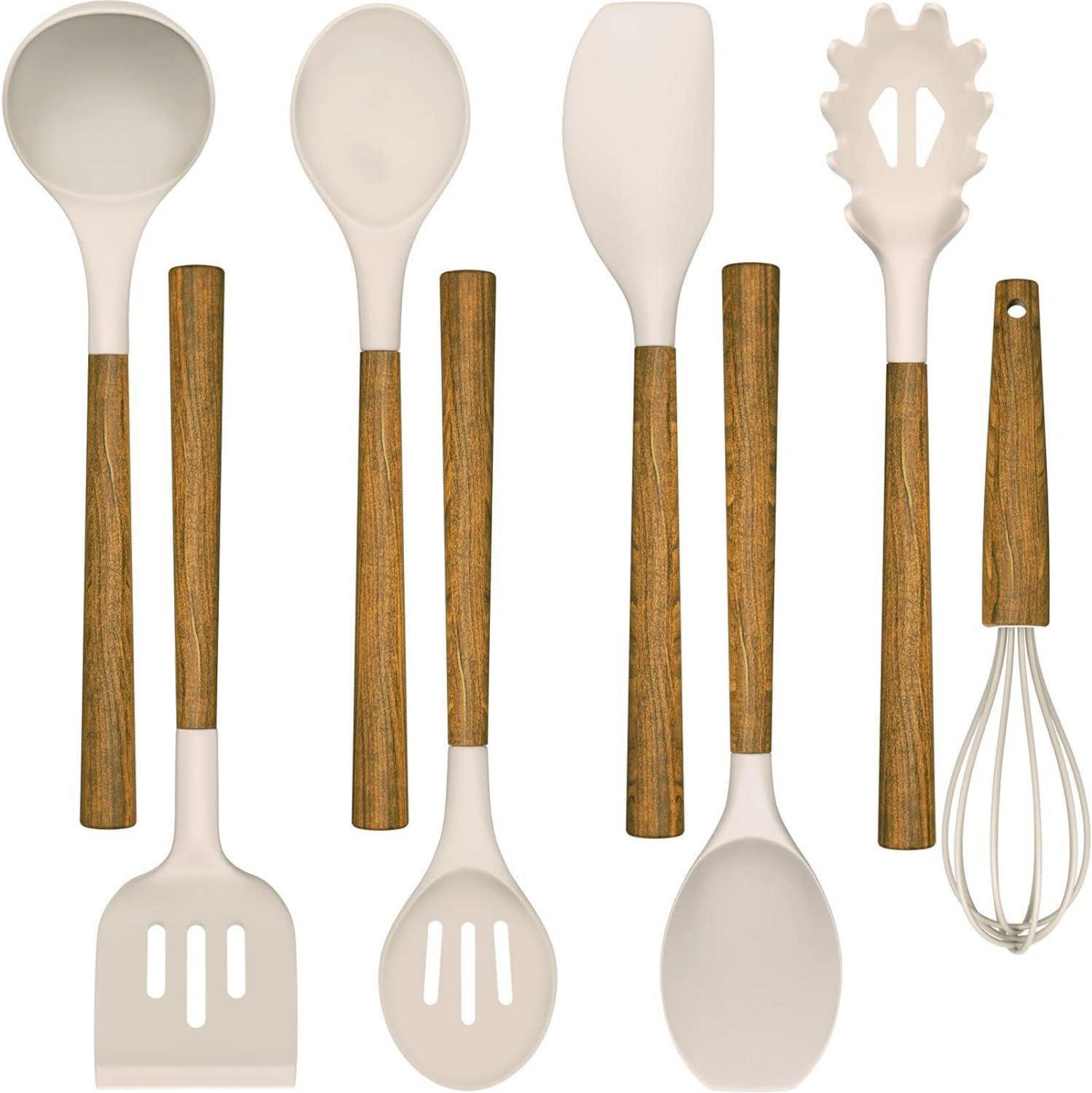 8-teiliges Silikon Küchenhelfer Set mit Holzgriff und Loch