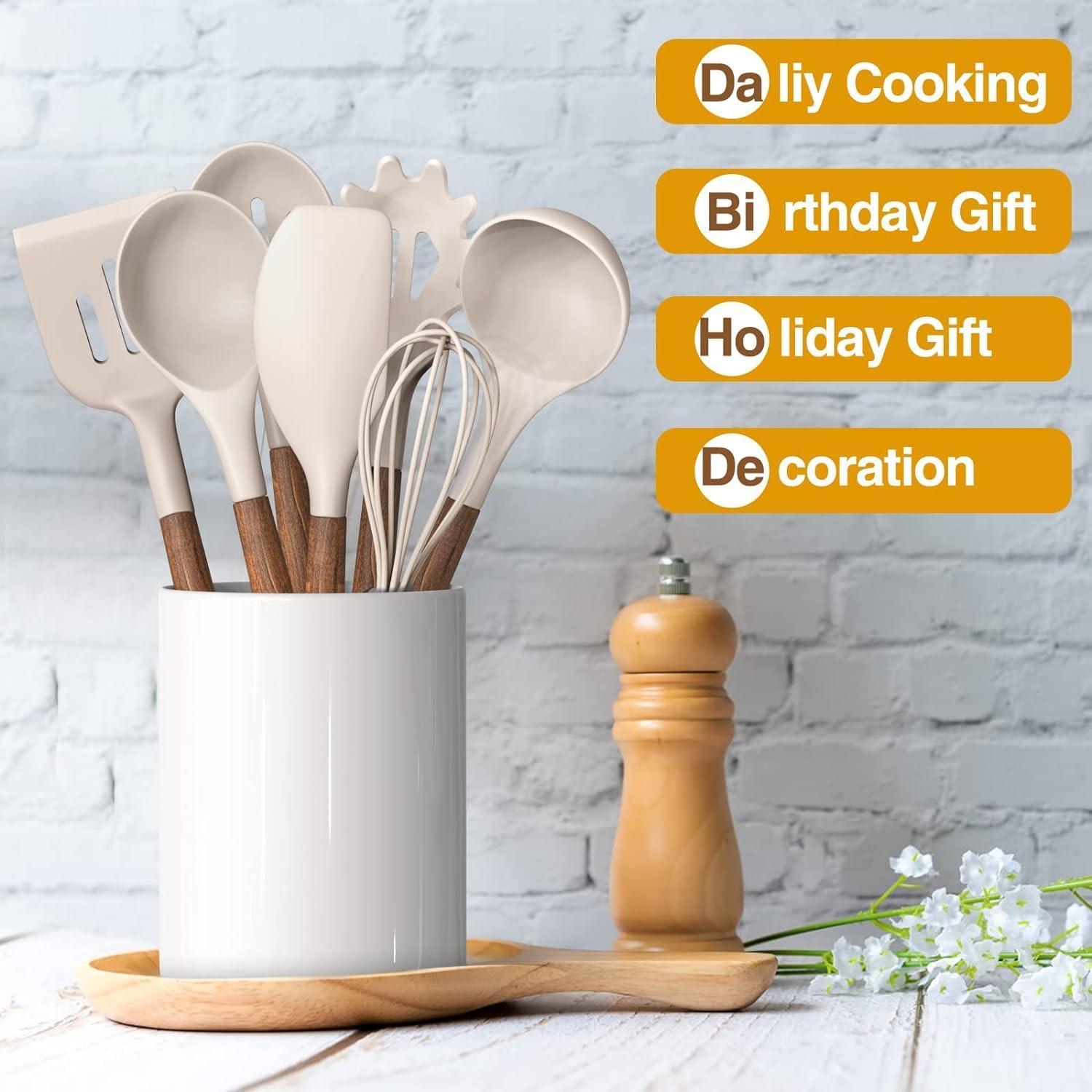 8-teiliges Silikon Küchenhelfer Set mit Holzgriff für Kochen