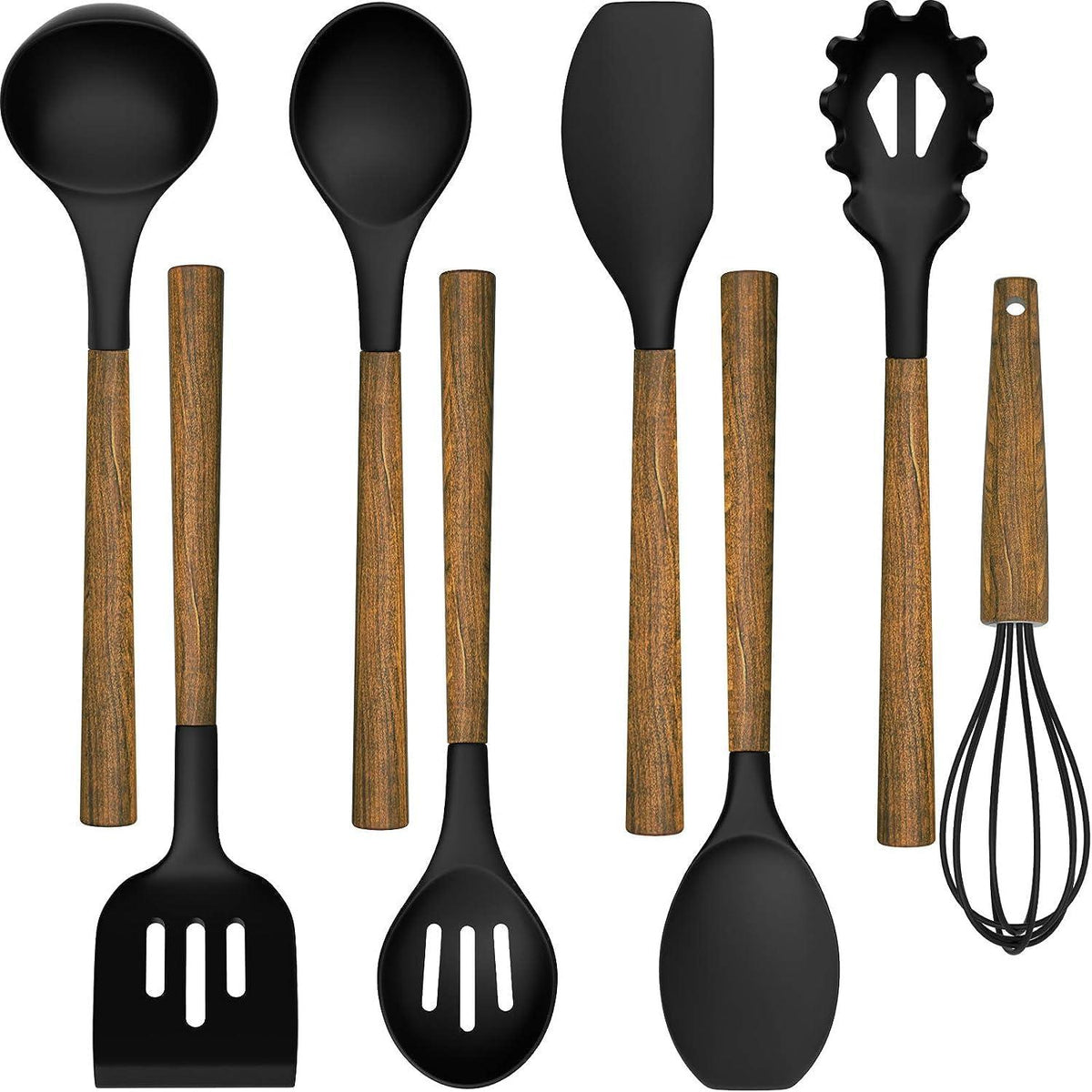 8-teiliges Silikon Küchenhelfer Set mit Holzgriff und Loch