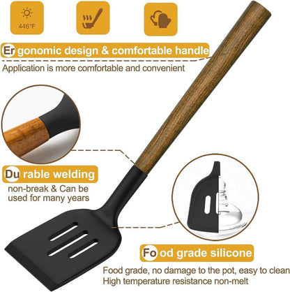 8-teiliges Silikon Küchenhelfer Set mit Holzgriff und Loch