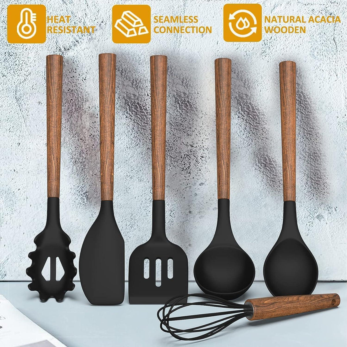 8-teiliges Silikon Küchenhelfer Set mit Holzgriff, Schwarz