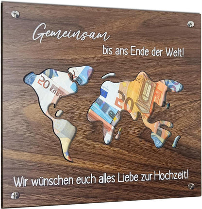 Praktische Weltkarte Holz Geldgeschenk Hochzeitsbox