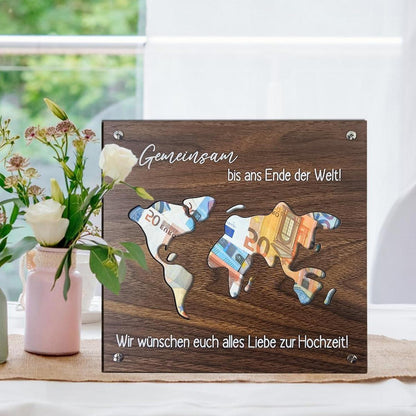 Personalisierte Hochzeitsgeschenke Brautpaar Geld Weltkarte Holz