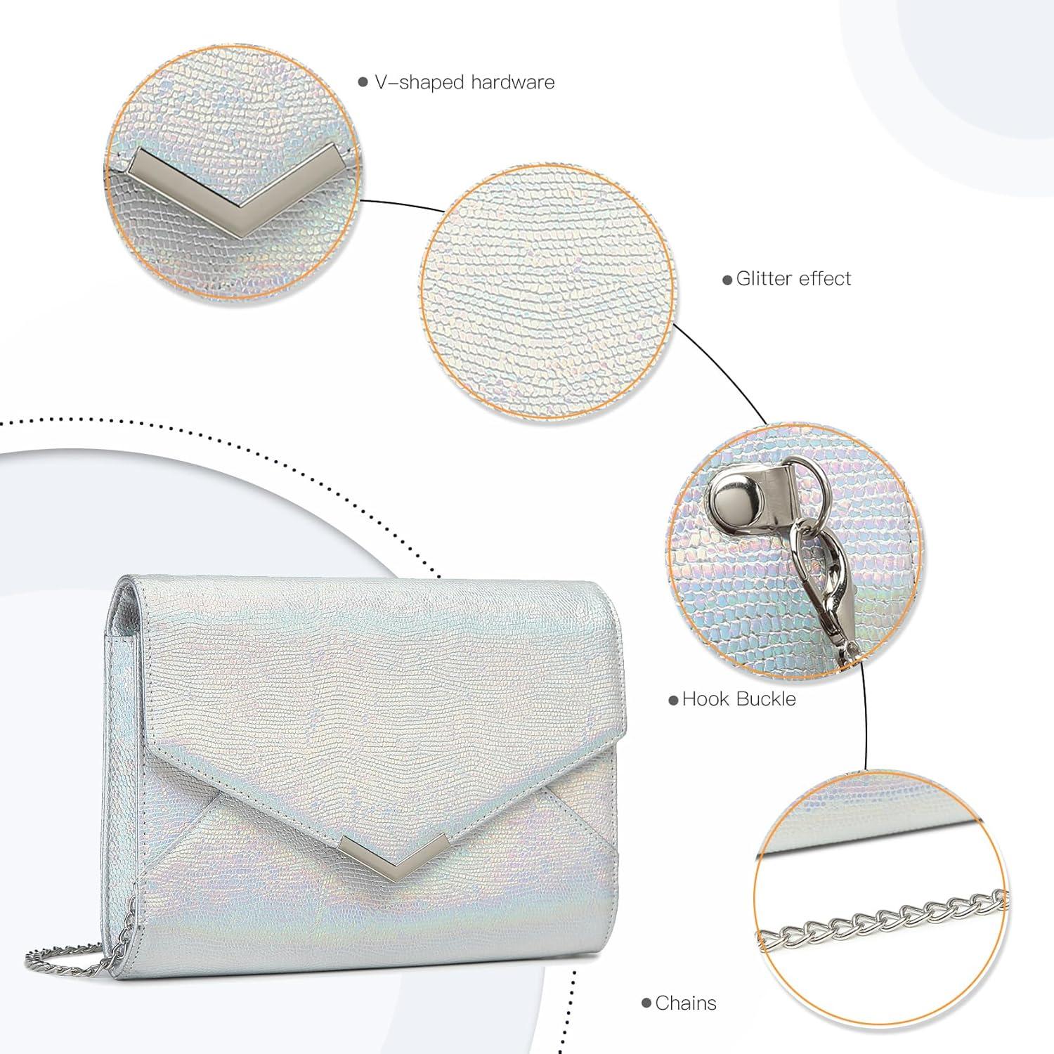 Miss Lulu Damen Clutch Abendtasche mit abnehmbarer Kette Silber Glitzer für Hochzeit Party