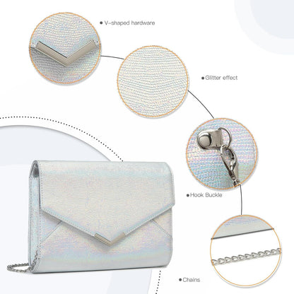 Miss Lulu Damen Clutch Abendtasche mit abnehmbarer Kette Silber Glitzer für Hochzeit Party
