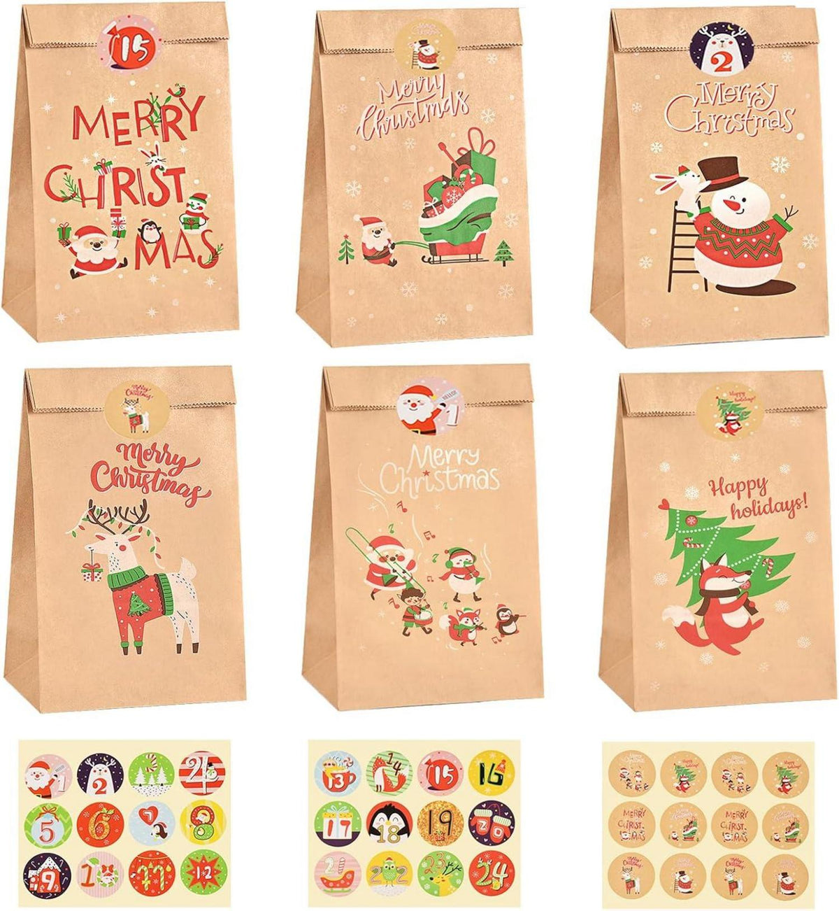 Geschenktüten Weihnachten Kraftpapier 24Stück mit Aufkleber