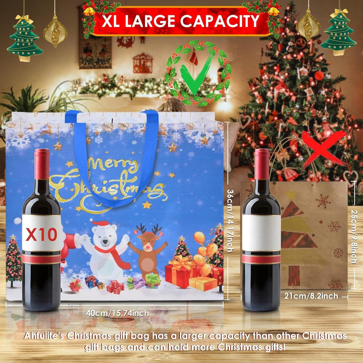 18 Stück Große Weihnachtstüten aus Stoff mit Griffen 40x36cm