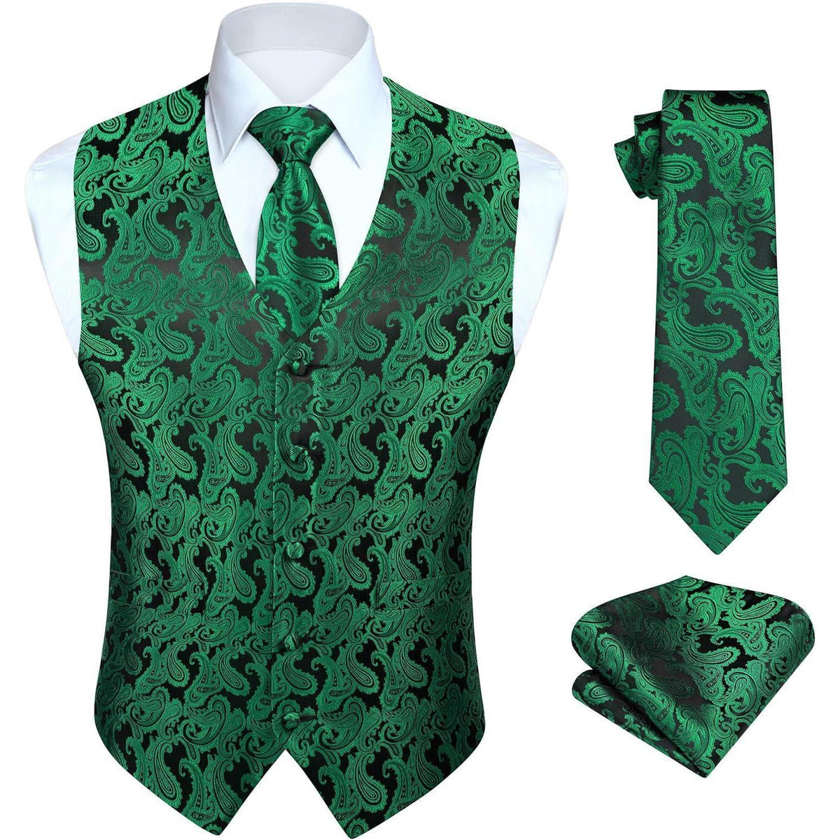 Herren Weste Krawatte Einstecktuch Set Jacquard Grün XL