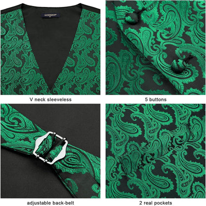 Herren Weste Krawatte Einstecktuch Set Jacquard Grün XL
