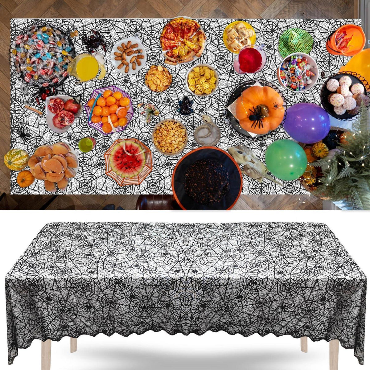 Halloween Tischdecke Spinnennetz Schwarz Spitze 152x213cm