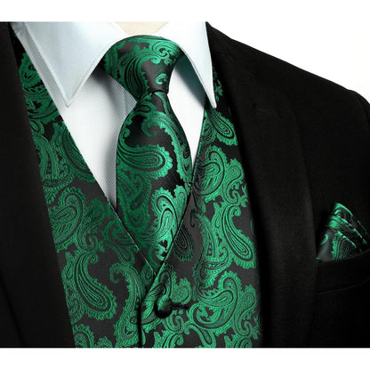 Herren Weste Krawatte Einstecktuch Set Jacquard Grün