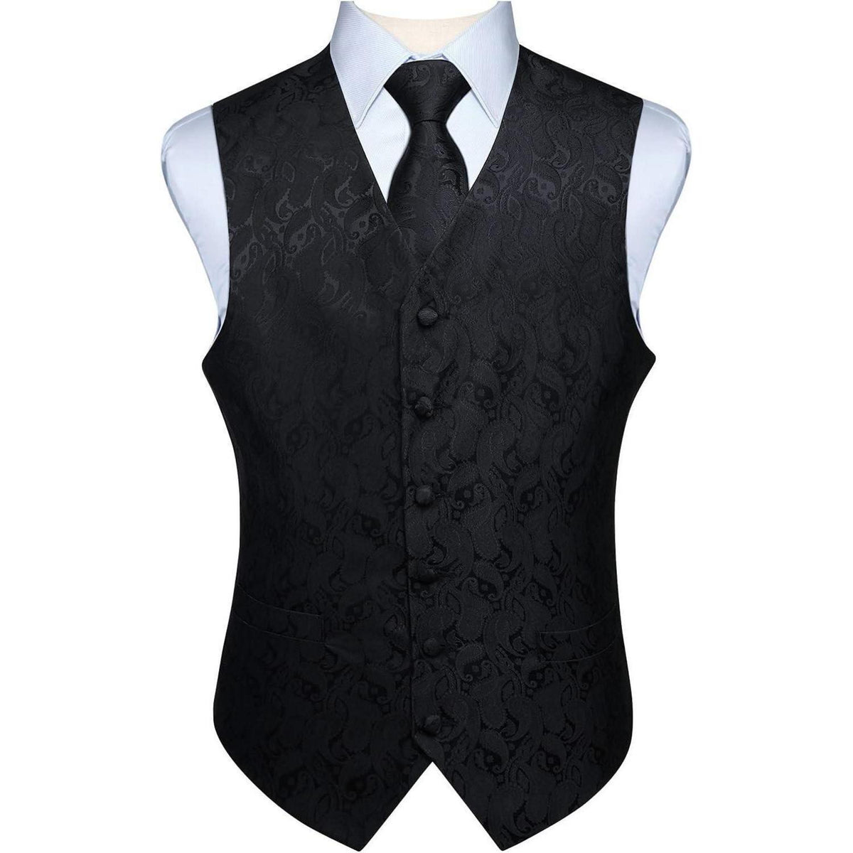 Herren Weste Krawatte Einstecktuch Set Jacquard 3XL Schwarz