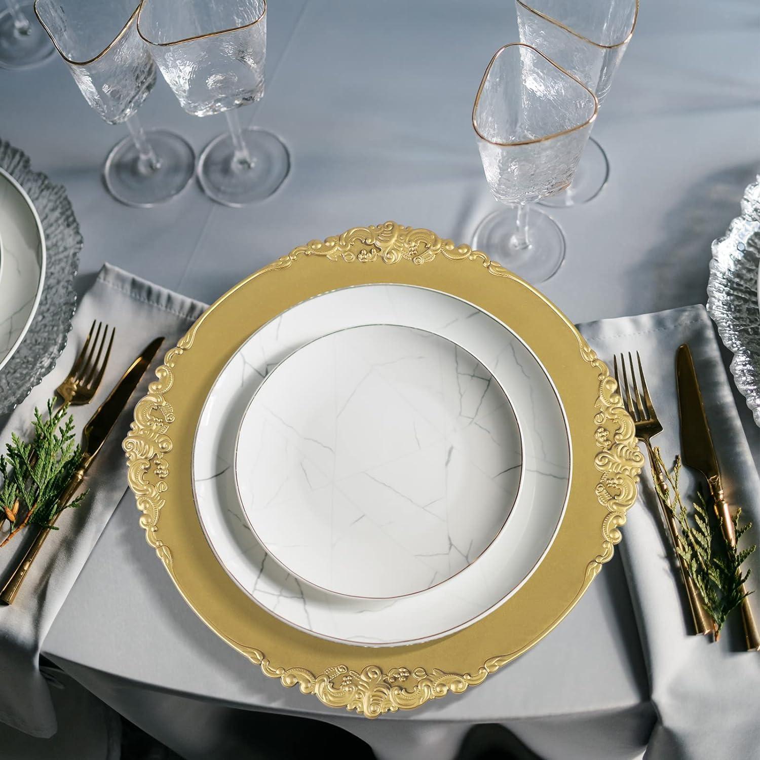 Goldene Platzteller 12er Set mit Geprägtem Rand, 33CM - Hochwertiger Kunststoff - Für Weihnachten Halloween Hochzeit Party