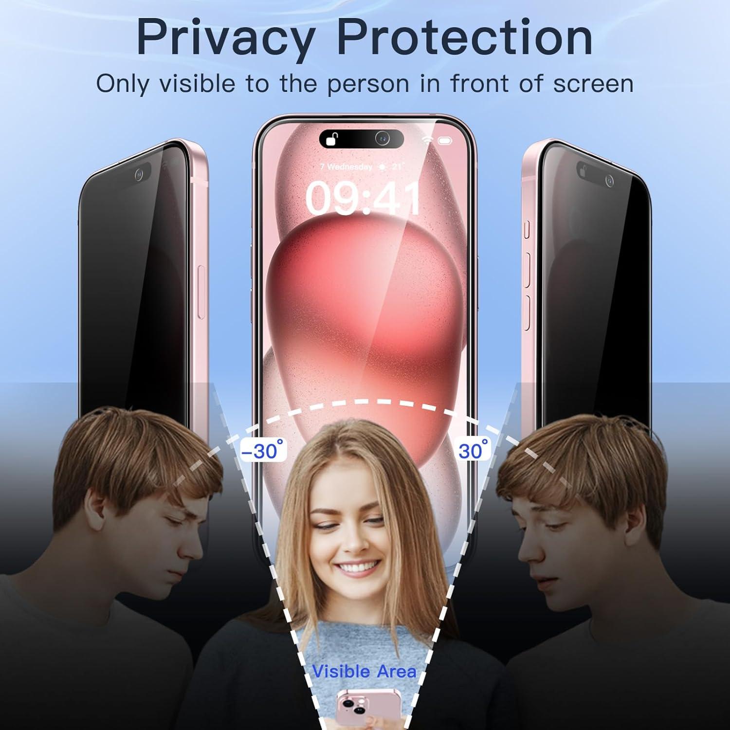 JETech Sichtschutz iPhone 15 6,1 Zoll Gehärtetes Glas Anti-Spähen 2 Stück