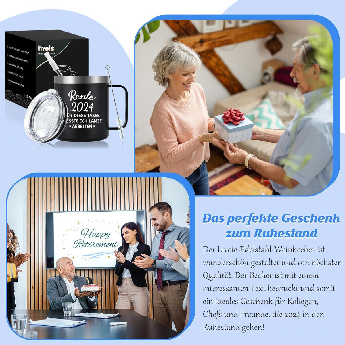 Livole Ruhestand Geschenk Mann Rente 2024 Tasse Camping Kaffeebecher Thermo 350ml