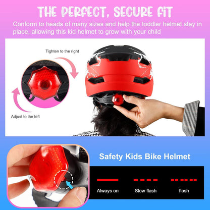 Kinder Fahrradhelm mit Licht und Rücklicht, verstellbar 48-56CM, CE geprüft