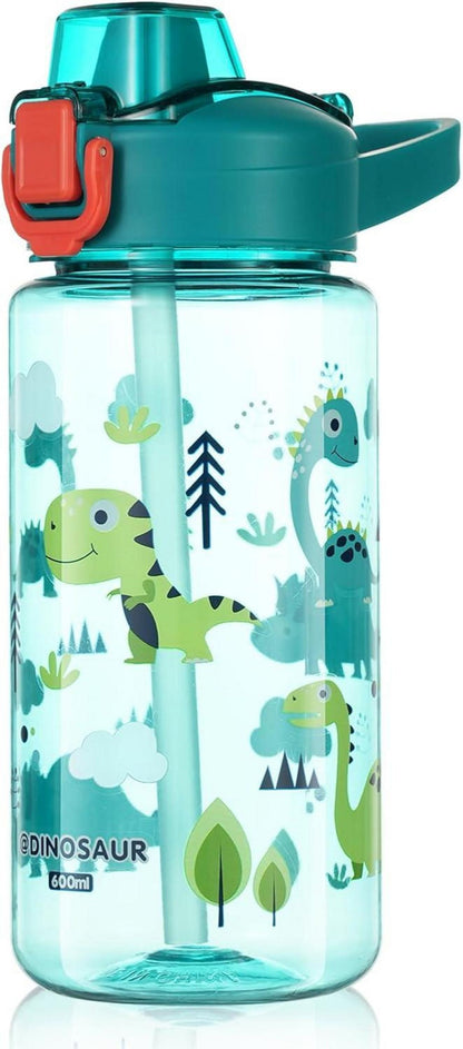 Kinder Trinkflasche mit Strohhalm 600ml BPA-frei Blau Dinosaurier