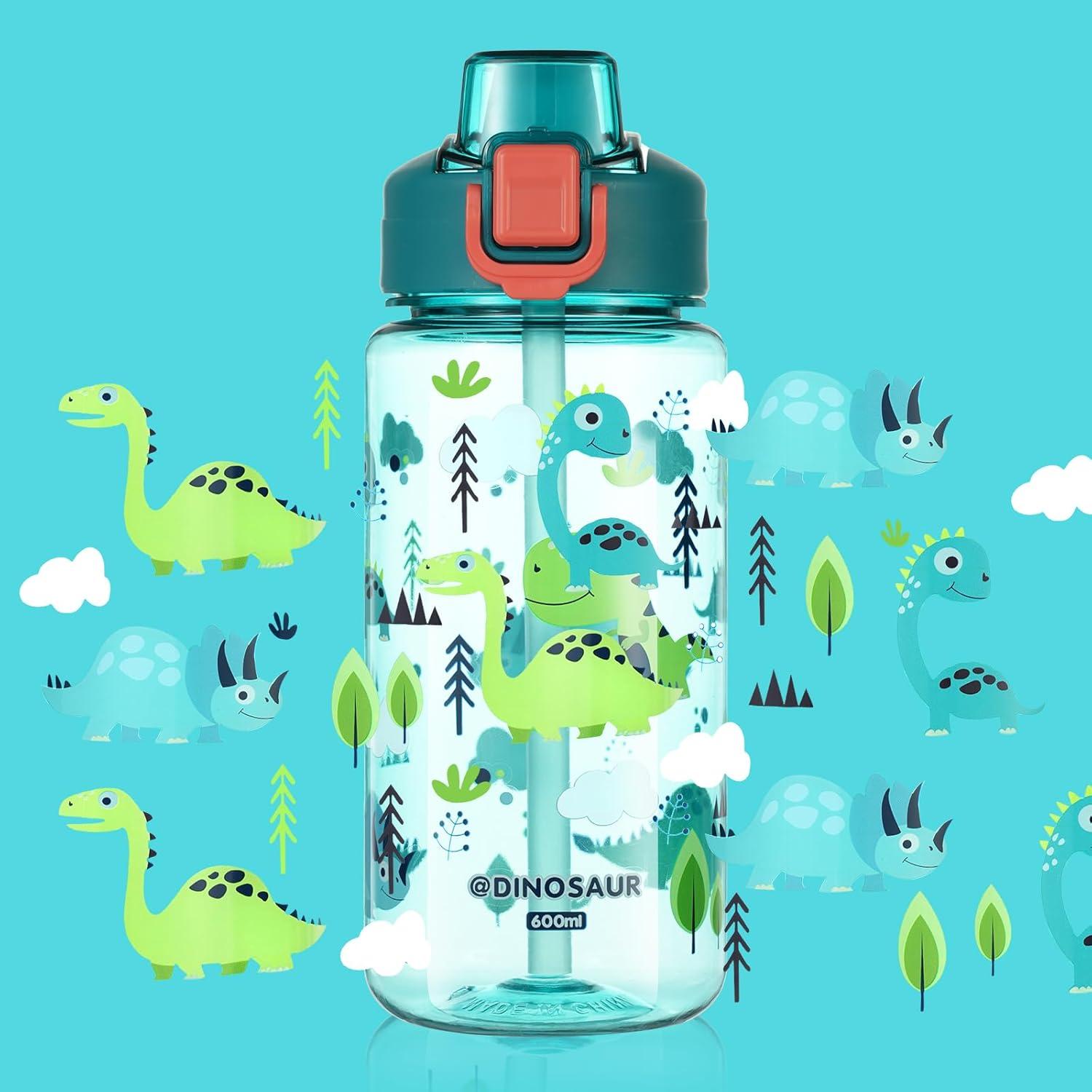 Flintronic 600ml Kinder Trinkflasche mit Strohhalm BPA-frei Auslaufsicher Blau Dinosaurier