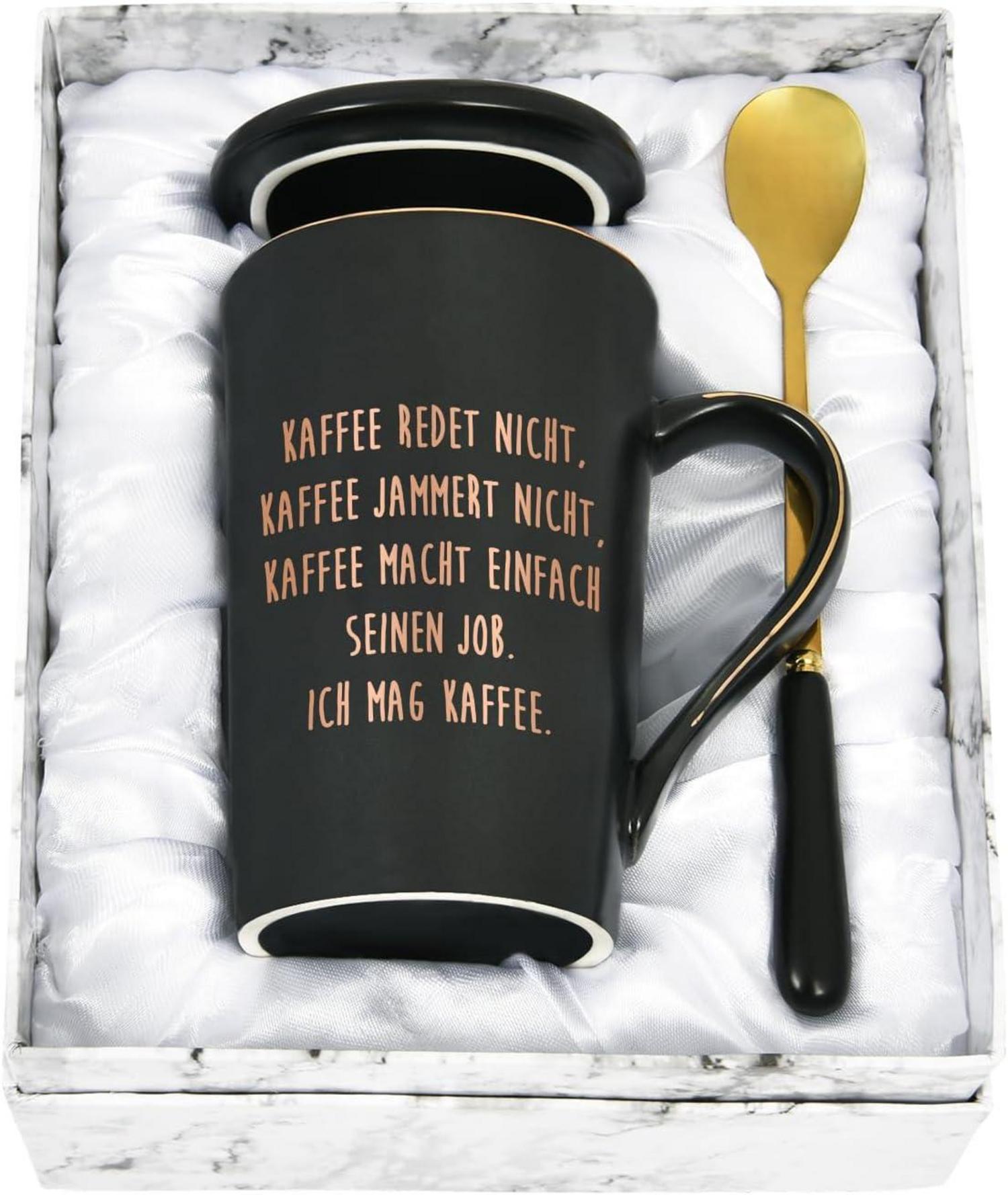 Große Marmor Kaffeetasse mit Spruch Geschenkbox 400ml Schwarz