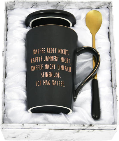 Große Marmor Kaffeetasse mit Spruch Geschenkbox 400ml Schwarz