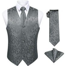 Herren Weste Krawatte Einstecktuch Set Paisley Jacquard Grau