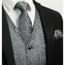 Herren Weste Krawatte Einstecktuch Set Paisley Jacquard Grau