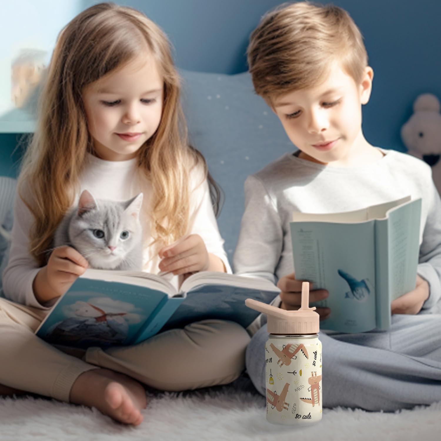 SANTECO Trinkflasche Kinder Edelstahl 350ml Strohhalm Auslaufsicher für Kindergarten Schule