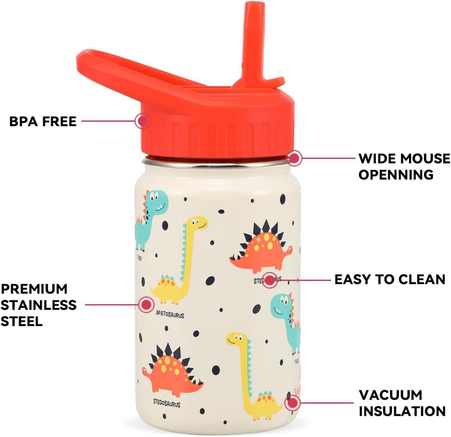 Kinder Trinkflasche Edelstahl 350ml Strohhalm Auslaufsicher Thermos Dino