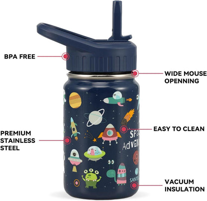 Kinder Trinkflasche Edelstahl 350ml Auslaufsicher mit Strohhalm BPA-frei