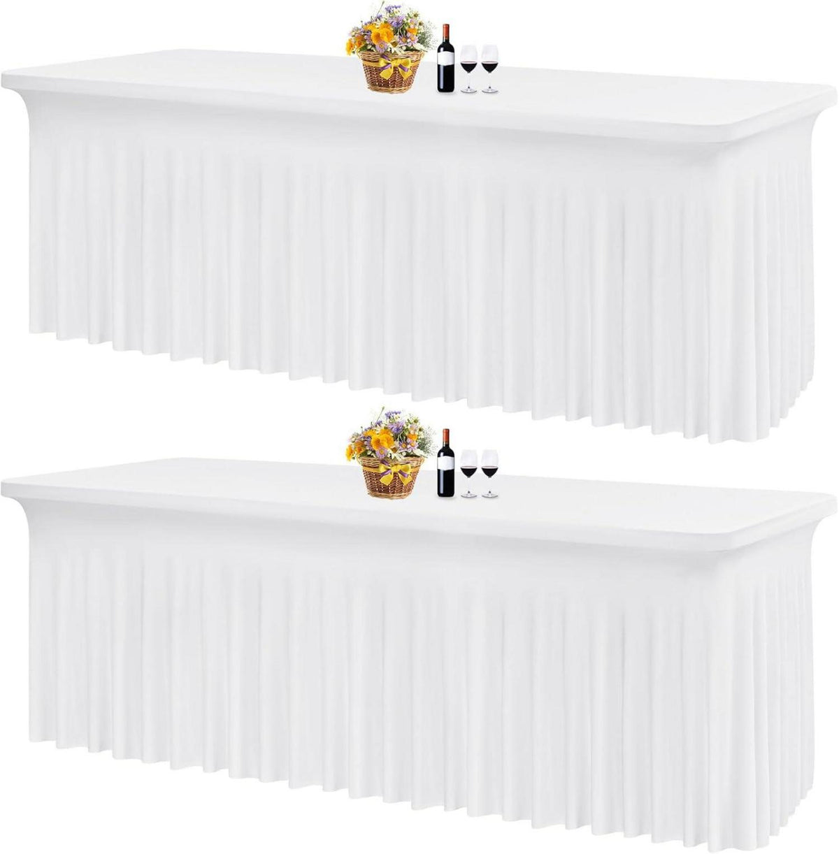 2er Pack weißer Stretch-Tischrock für 2,4m rechteckige Tische