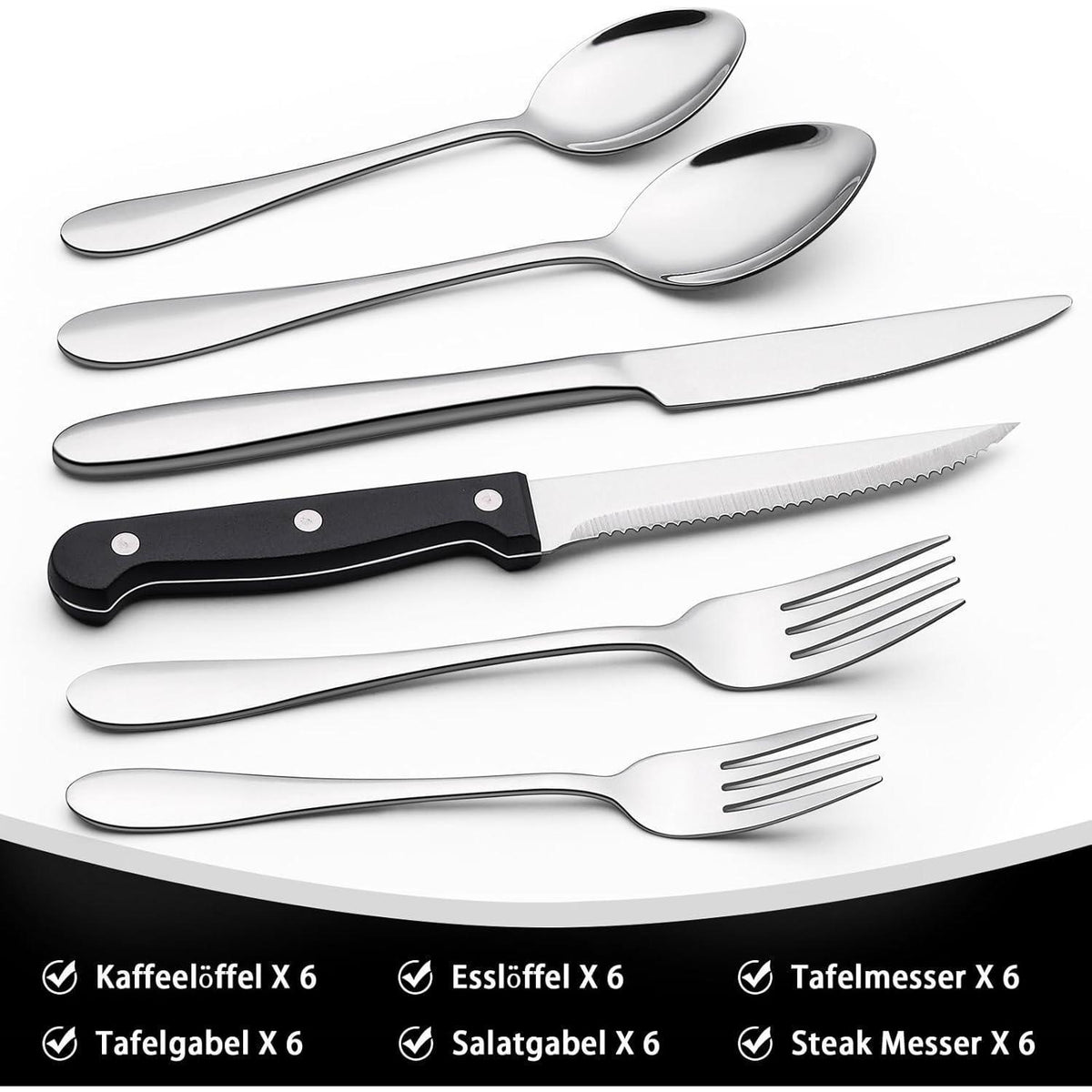 36-teiliges Edelstahl Besteckset für 6 Personen mit Steakmessern