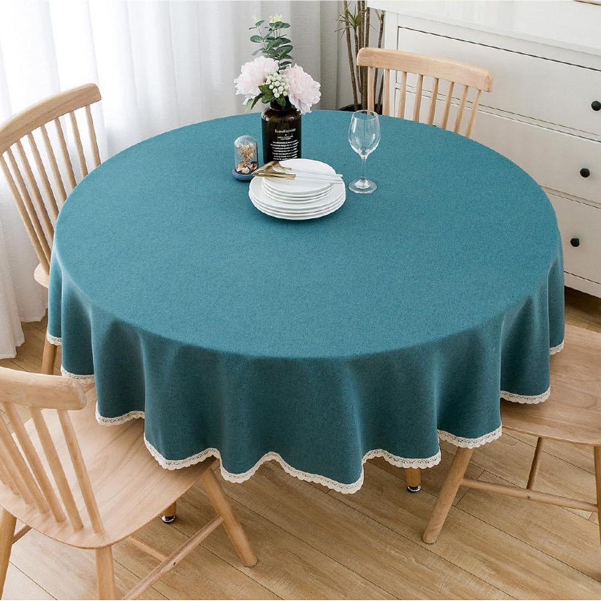 Runde Baumwollleinen Tischdecke 260 cm – Pfauenblau