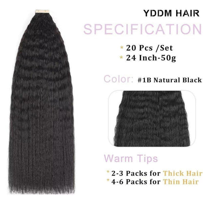 Echthaar Tape Extensions Schwarz Kinky Straight 24 Zoll
