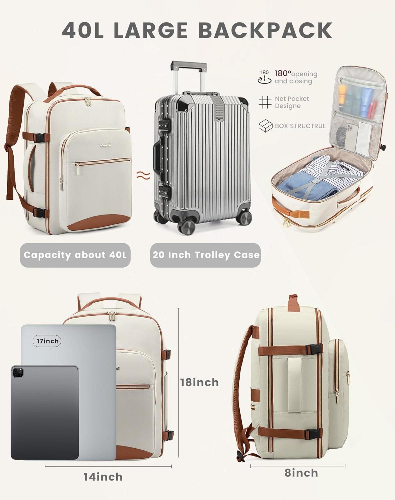 Handgepäck Rucksack 40L Groß Reiserucksack Damen Kofferrucksack Wasserdicht Beige+Braun